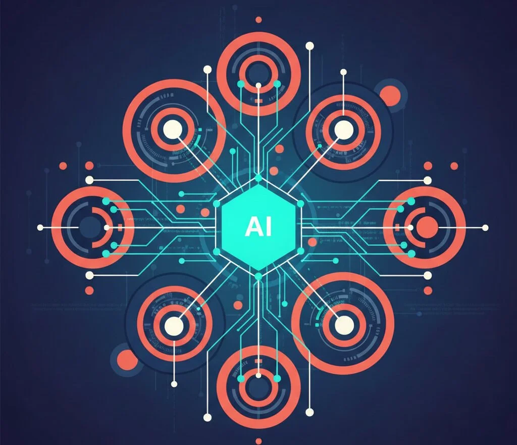 Interconnected automation nodes and workflow streams visualising AI implementation processes with teal to coral gradients