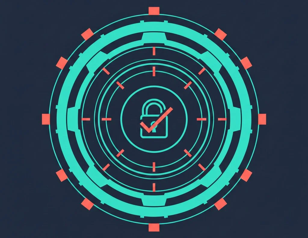 Concentric shield patterns with slate foundation and teal protective layers representing AI security, trust, and compliance