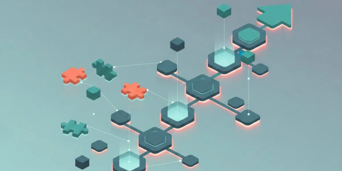 Abstract isometric illustration showing scattered puzzle pieces and disconnected nodes converging toward an organised strategic pathway
