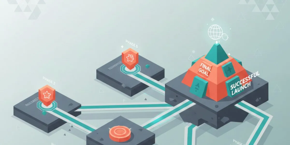 Abstract isometric illustration of a strategic roadmap with milestone markers and interconnected pathways