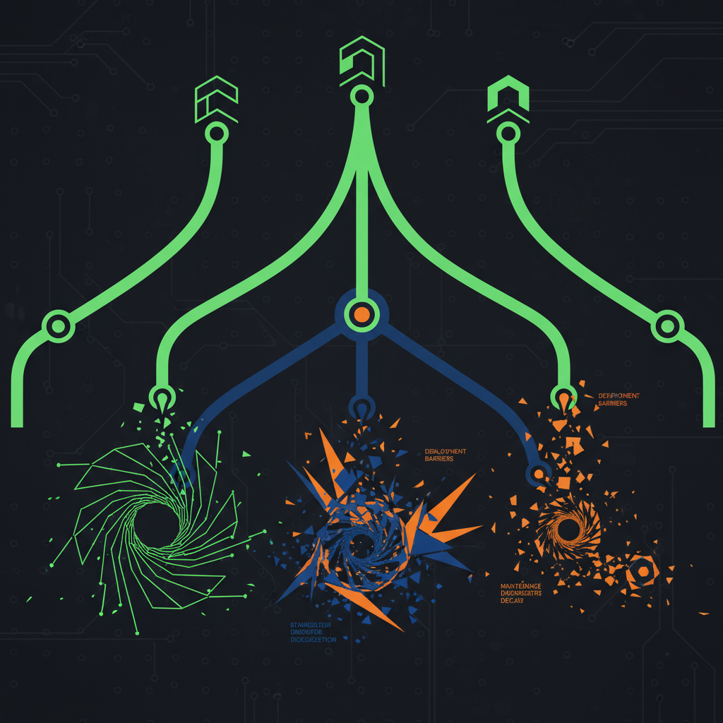 Bold geometric data visualization showing six interconnected AI project pathways, with three fragmenting and breaking apart whilst three successfully reach completion, illustrating lessons learned from failed versus successful AI implementations through abstract patterns and contrasting flows