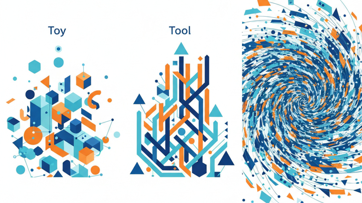Abstract geometric visualization showing three-phase Toy-Tool-Transformation progression representing organization-wide AI literacy at 70,000 employee scale, with flowing knowledge distribution patterns in clean blues and vibrant oranges