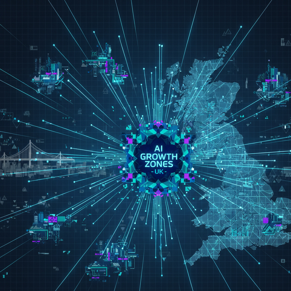 Abstract geometric artwork showing interconnected AI infrastructure hubs across the UK, featuring modern geometric patterns with deep teals and purples representing regional development and technological growth