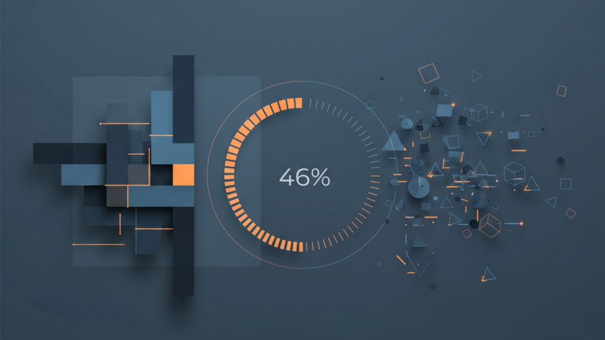 Abstract data visualization showing split measurement gauge at 46% capacity, contrasting structured metrics with unmeasured potential through fragmented geometric shapes and data streams in professional blues and amber tones