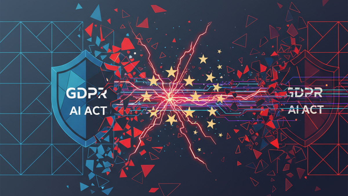 Abstract geometric visualisation showing fragmented regulatory shields and data streams, representing weakening GDPR and AI Act protections with warning colour accents