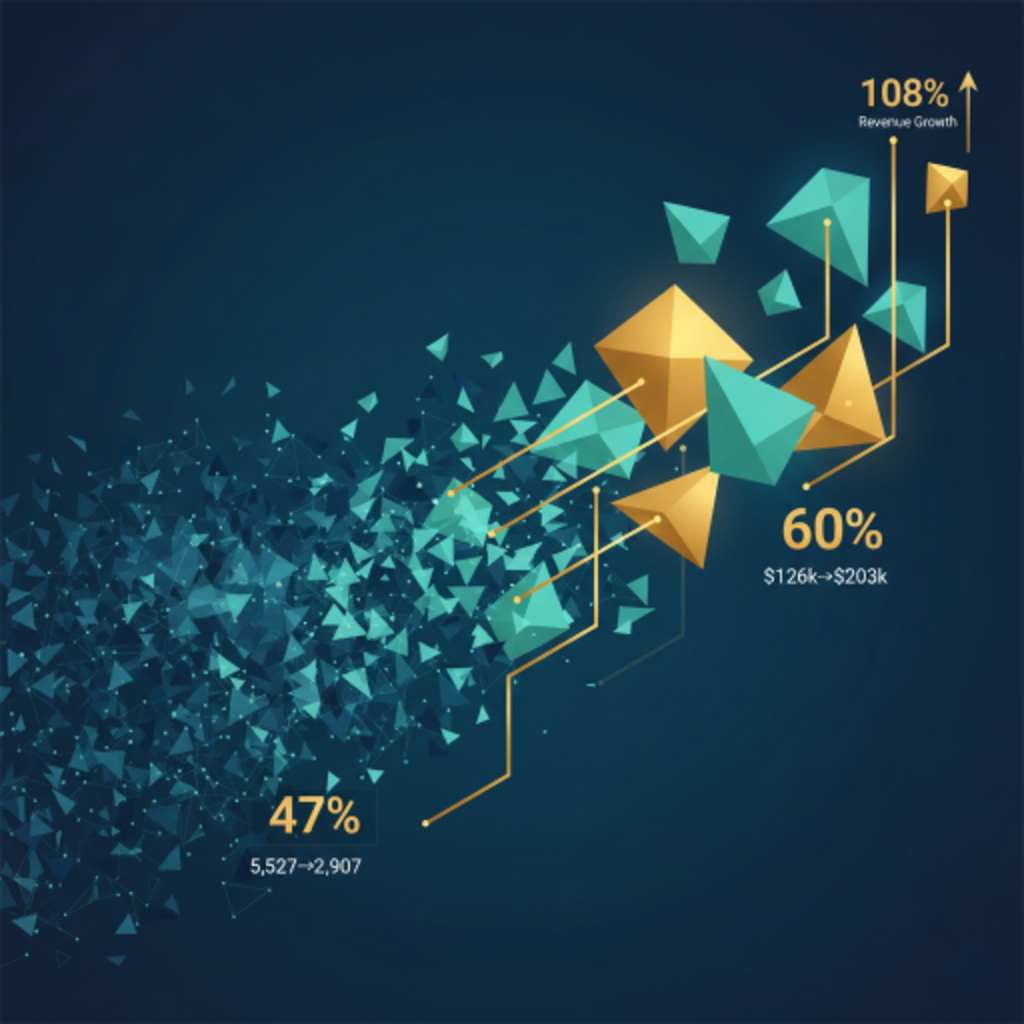 Abstract geometric visualization showing workforce transformation: dense network of small shapes consolidating into fewer, larger golden-accented forms along upward trajectory, representing 47% reduction and 60% salary increase