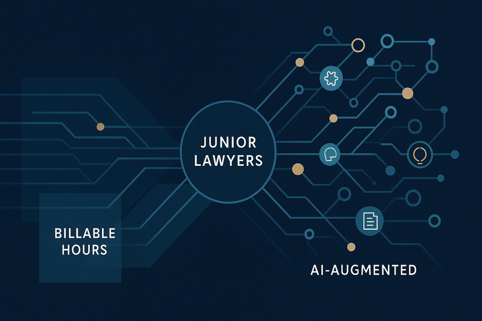 Abstract geometric visualization showing professional development pathways with navy and teal nodes representing traditional legal work transforming into AI-augmented practice, featuring a 20/80 split in time allocation between learning and practice