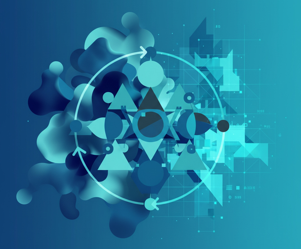 Abstract geometric visualization showing transformation from fuzzy, unclear objectives on left through structured evaluation framework in centre to precise, measurable outcomes on right, representing systematic AI performance measurement