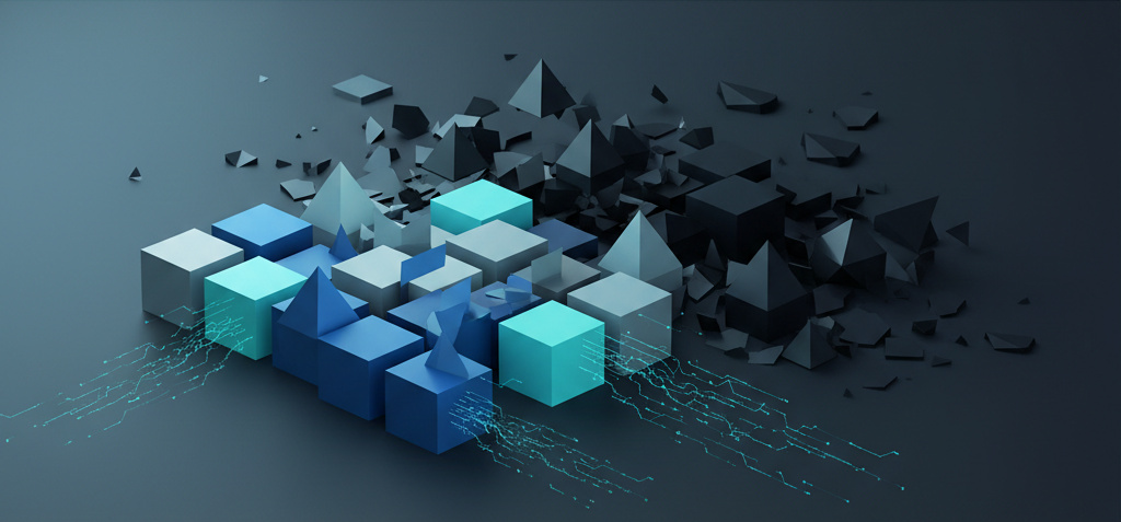 Abstract geometric composition showing tension between visible, structured AI systems in foreground and shadowy, fragmented patterns in background, representing hidden security risks of unsanctioned Shadow AI usage