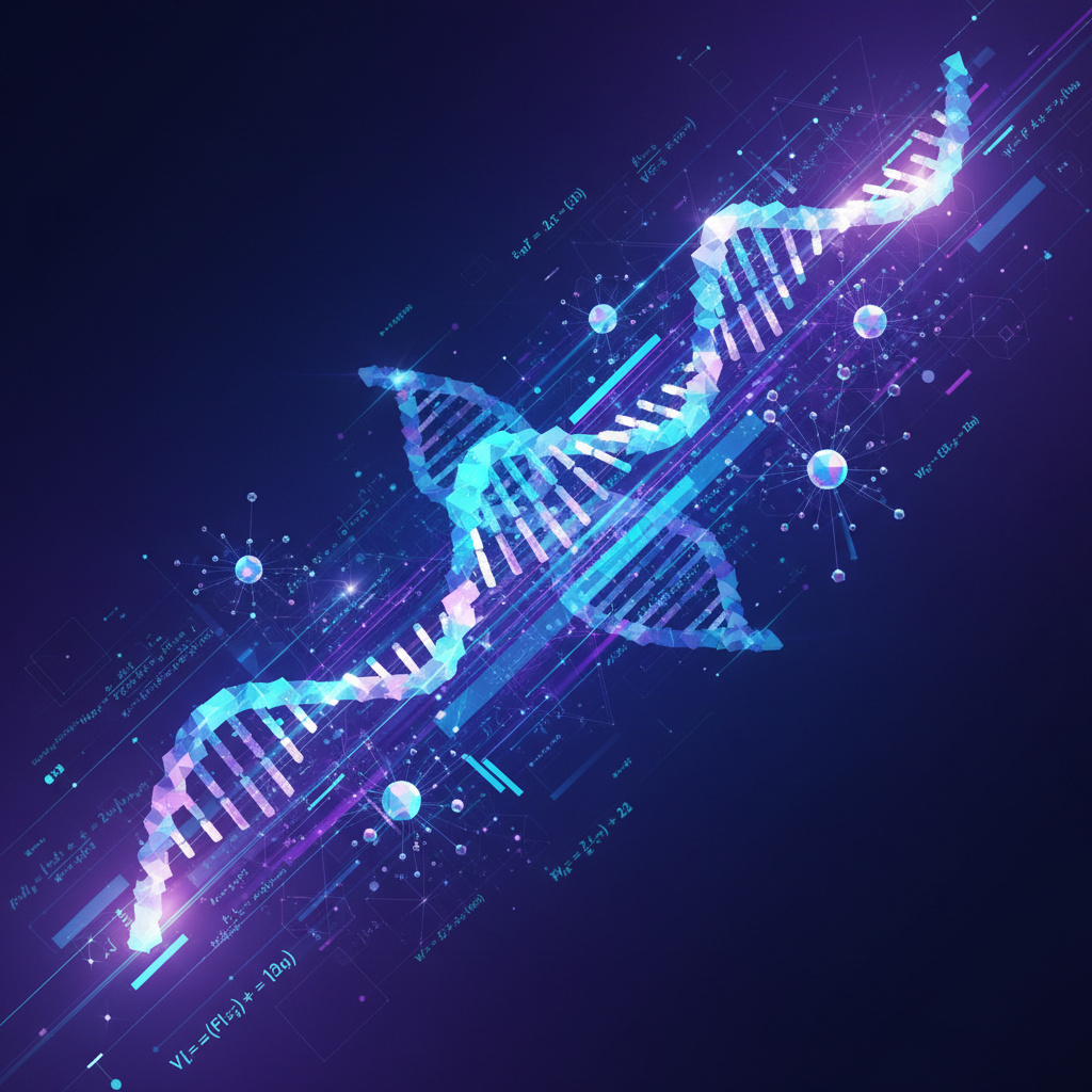 Abstract geometric visualization showing interconnected scientific nodes representing biology, mathematics, and physics disciplines converging through AI pathways, with flowing data streams and molecular structures in deep blues and cyans suggesting research acceleration