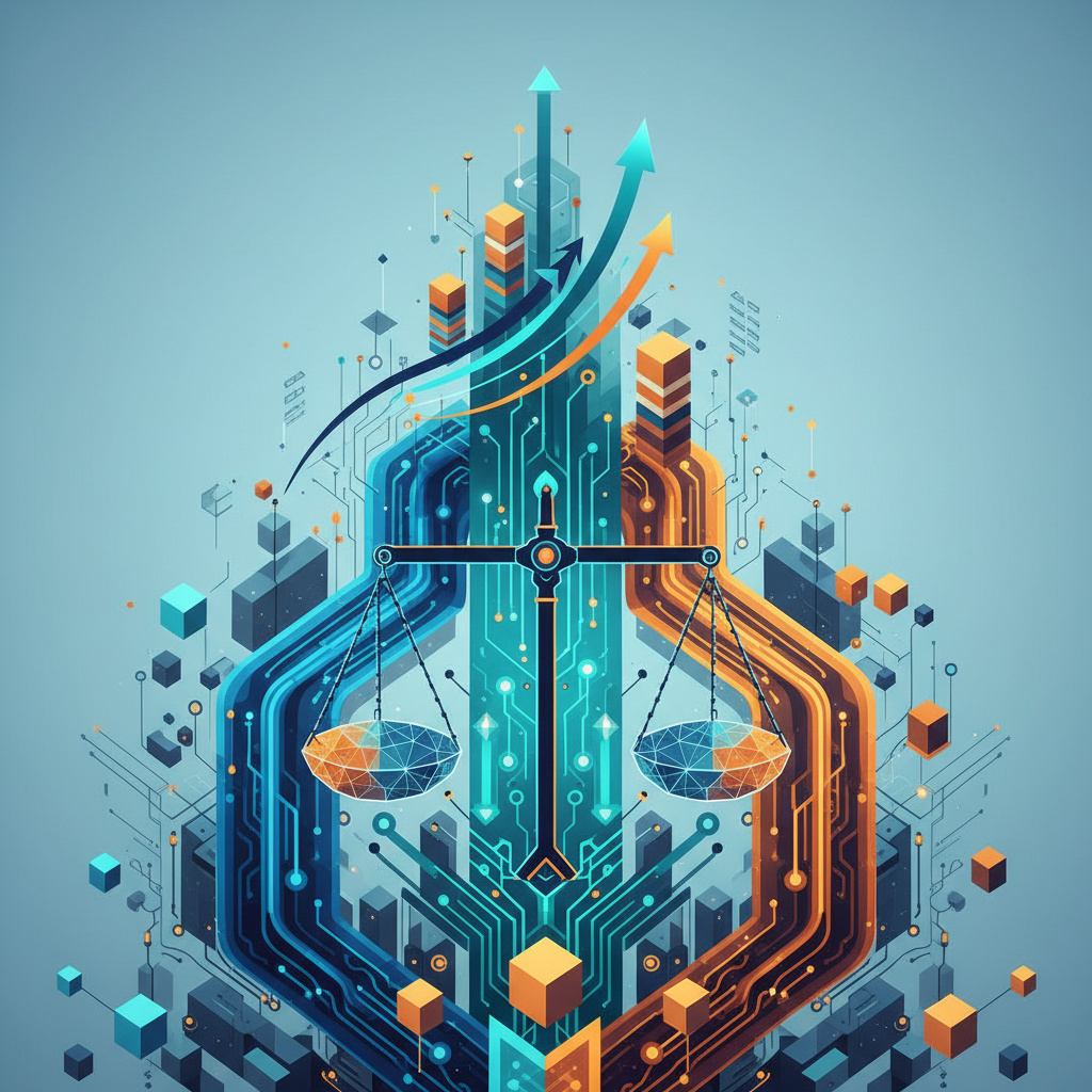 Abstract geometric visualization showing interconnected data streams, ascending ROI trajectories, and balanced investment nodes in professional blues and teals, representing unified visibility across finance, IT, and operations for AI cost management
