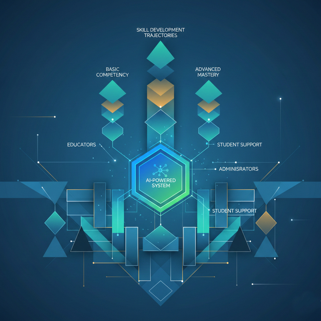 Modern geometric visualization showing interconnected university roles converging into unified AI system with ascending skill development trajectories in professional blues and teals