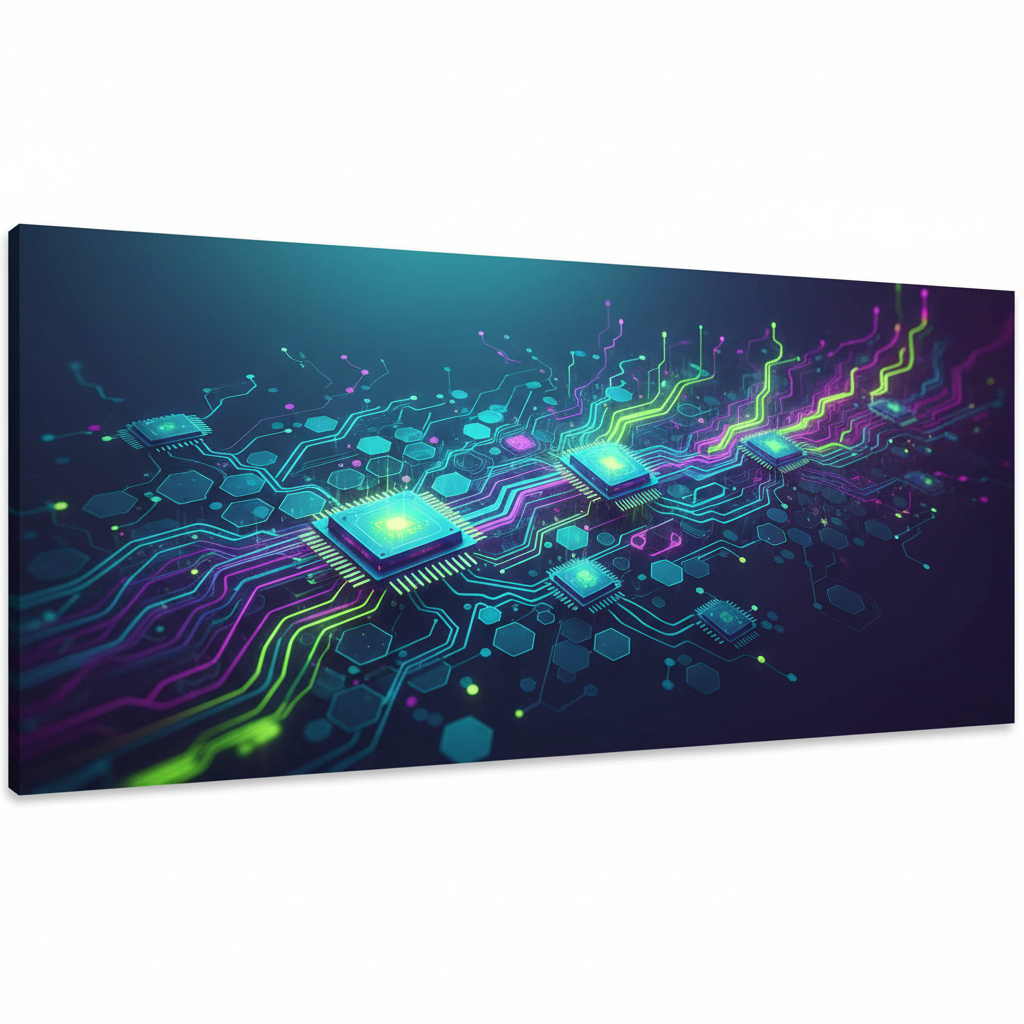 Abstract geometric artwork with interconnected nodes representing AI skills training, featuring warm teals, purples, and greens with branching patterns suggesting community empowerment