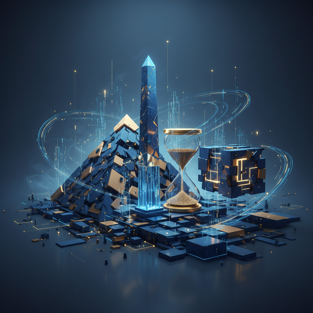 Abstract geometric visualization showing a fragmenting pyramid structure transforming into obelisk, hourglass and box shapes, representing the disruption of consulting's traditional business model by AI