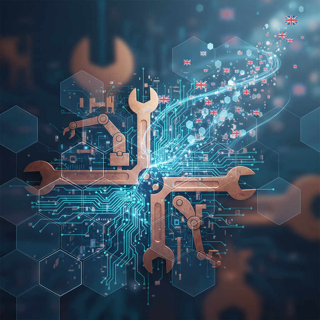 Abstract geometric artwork showing digital circuit patterns transitioning to industrial tool motifs, representing the shift from AI-vulnerable jobs to skilled trades careers
