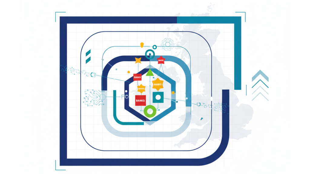 Abstract geometric visualization of regulatory sandbox with nested containers and ascending pathways representing FCA AI testing framework and fintech collaboration