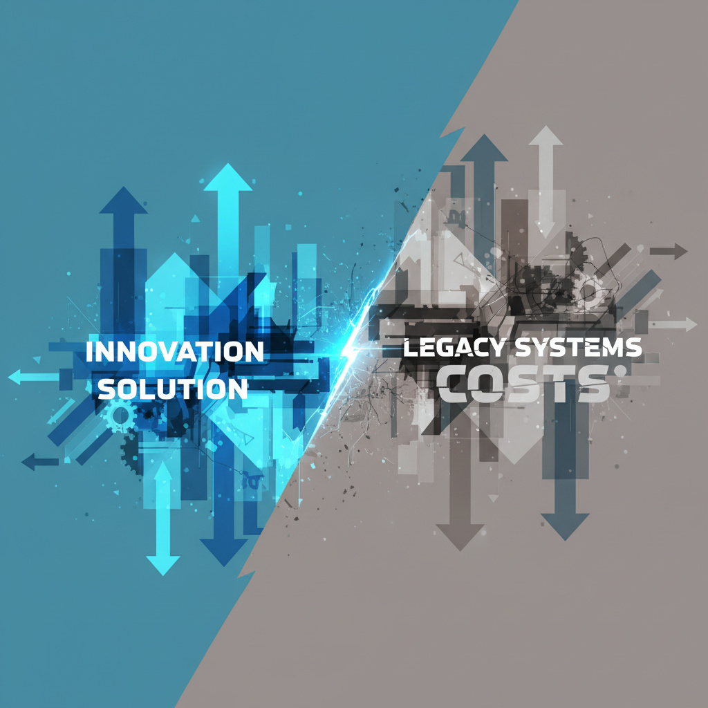 Abstract geometric visualization of downward-trending enterprise AI adoption with corporate grid patterns representing the gap between vendor promises and market reality