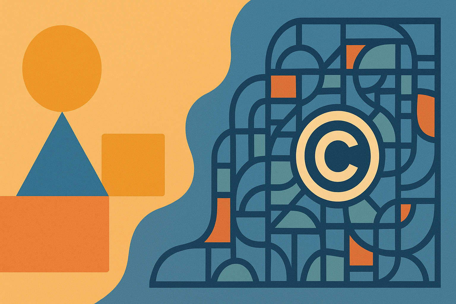 Abstract geometric illustration showing the intersection of simple AI creation and complex intellectual property law with contrasting patterns