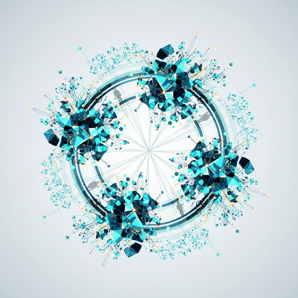 Abstract data visualisation with geometric nodes and flowing data streams representing 1,250 professional perspectives on AI adoption across three sectors