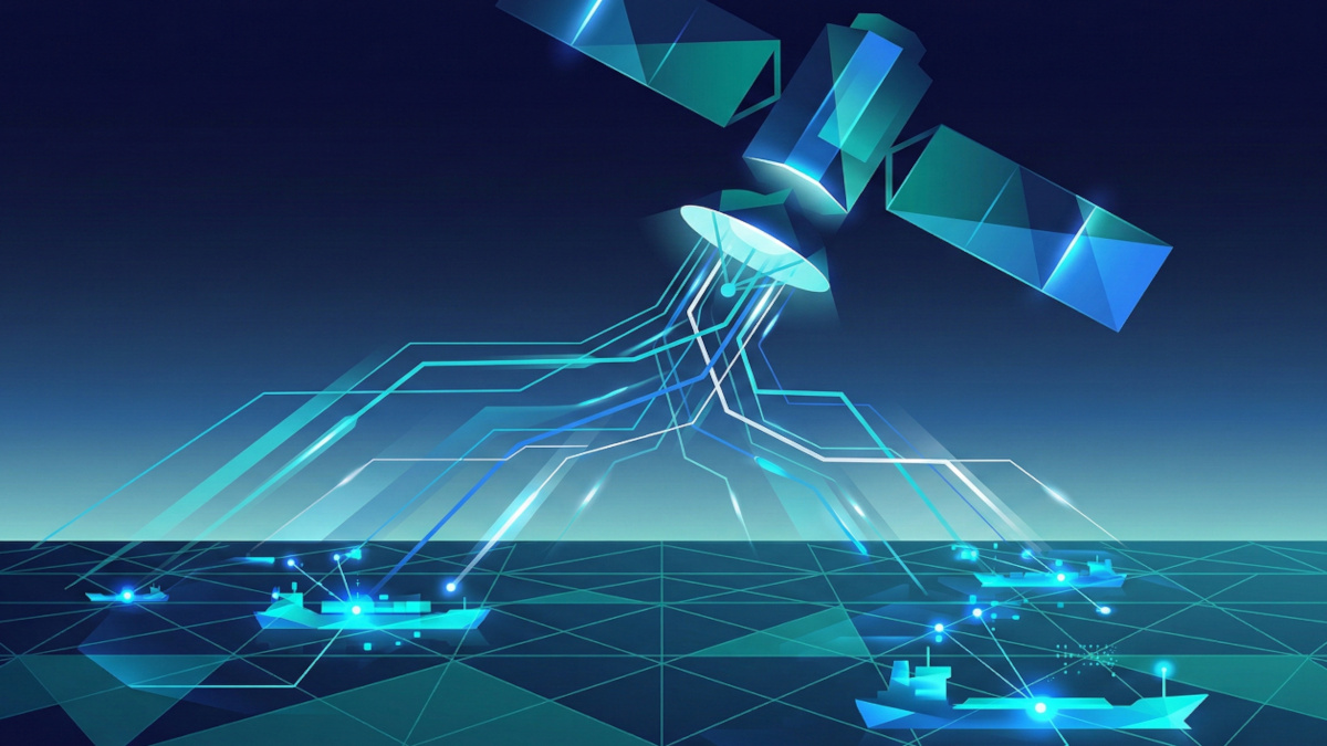Abstract geometric illustration of AI-powered satellite maritime surveillance with radar scanning patterns and vessel detection over ocean