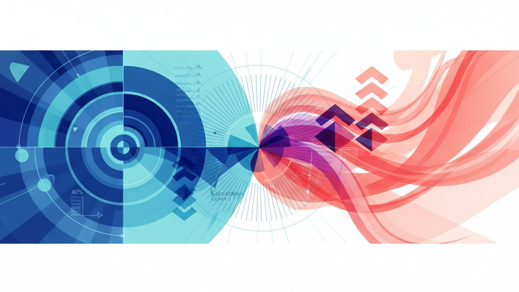 Abstract healthcare visualization showing geometric AI patterns integrating with organic flowing forms, representing human-AI collaboration in radiology with blues, teals, and warm accents
