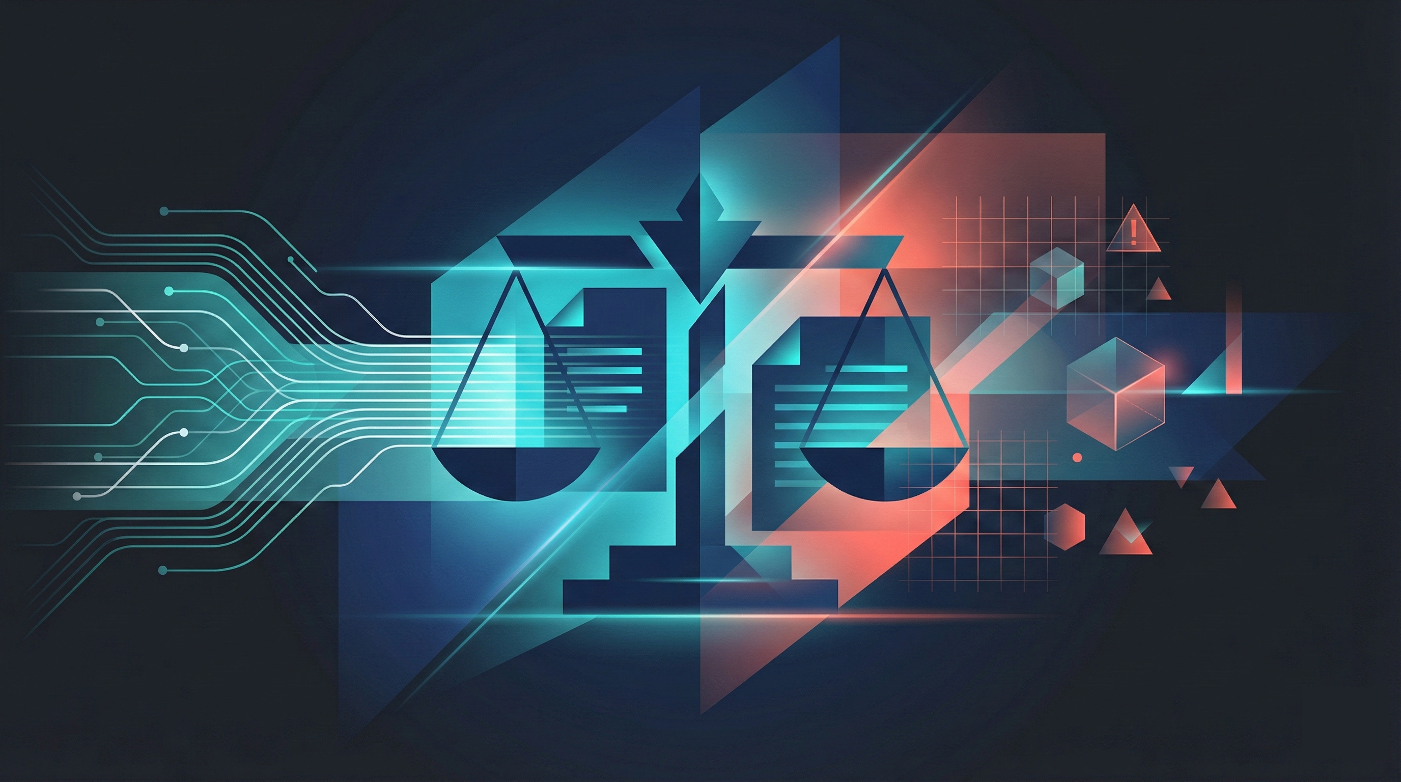 Abstract geometric composition representing AI in legal practice with flowing data streams and balanced scales motif in navy and teal