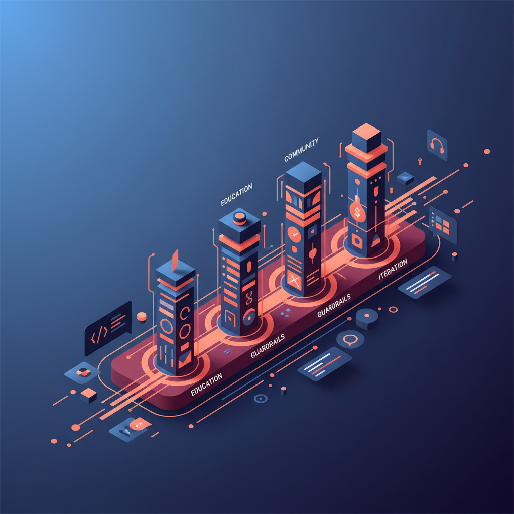 Abstract data visualisation with interconnected geometric pillars in navy and coral, representing enterprise AI transformation across business functions