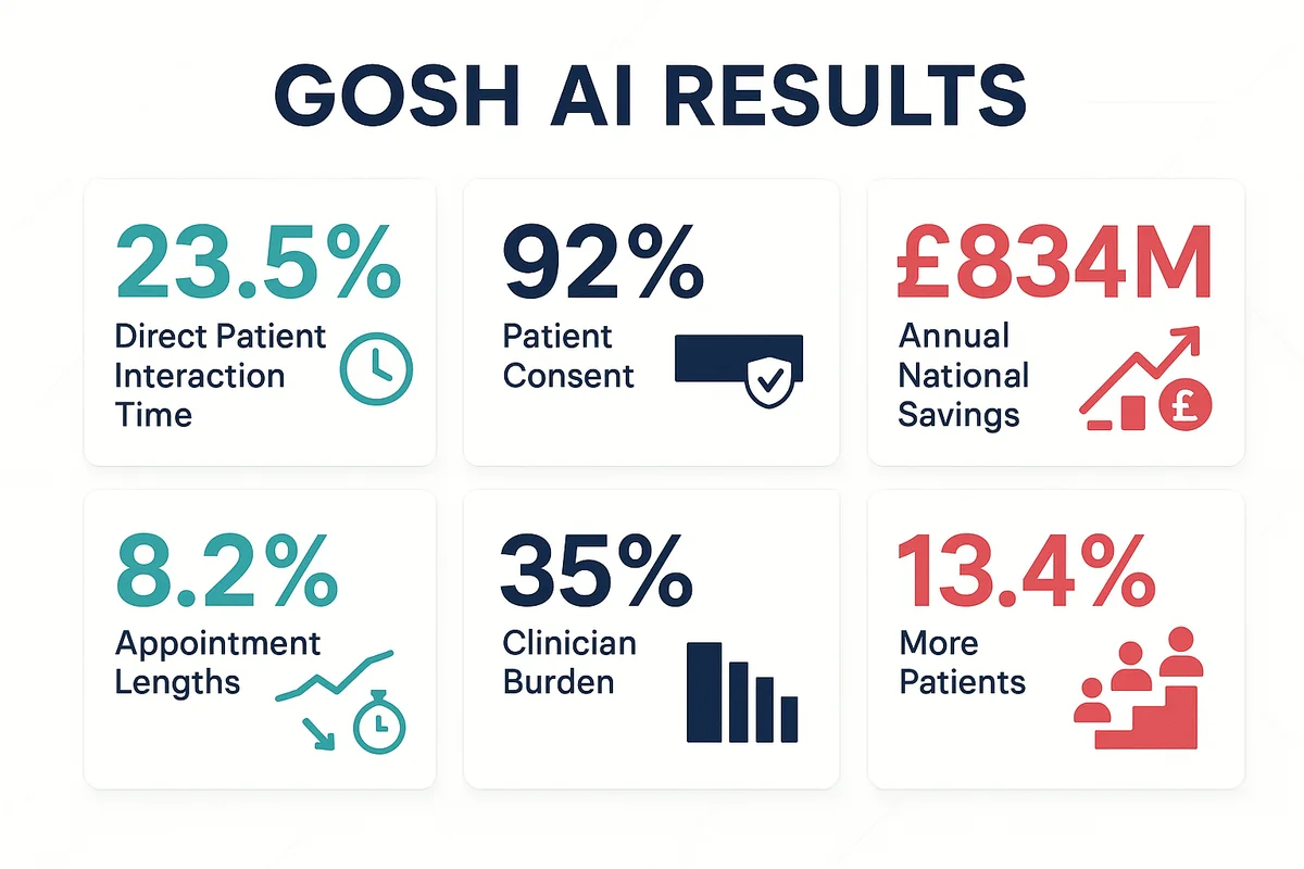 GOSH AI Scribe Implementation Results showing 23.5% increase in patient interaction time, 92% patient consent, £834M potential savings, 8.2% reduction in appointment lengths, 35% decrease in clinician burden, and 13.4% more patients seen per shift