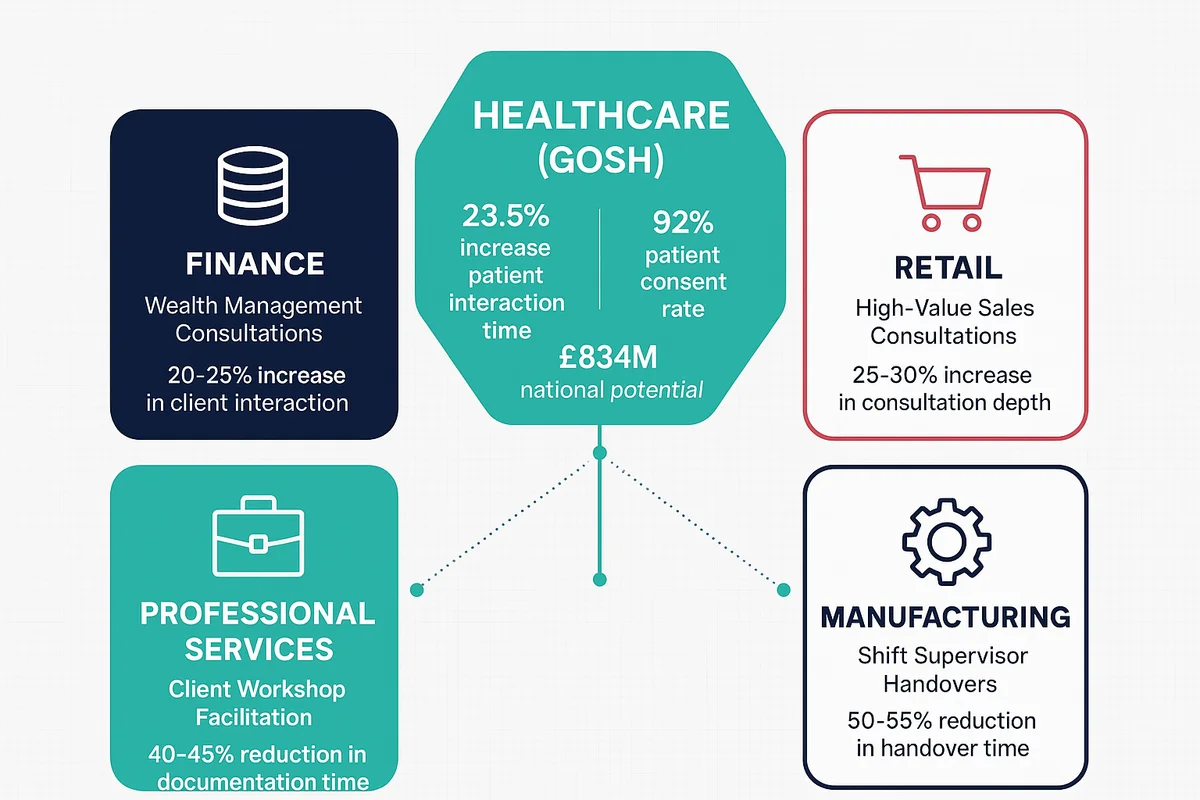 Healthcare AI implementation methodology translating to finance, retail, professional services, and manufacturing sectors with specific efficiency gains