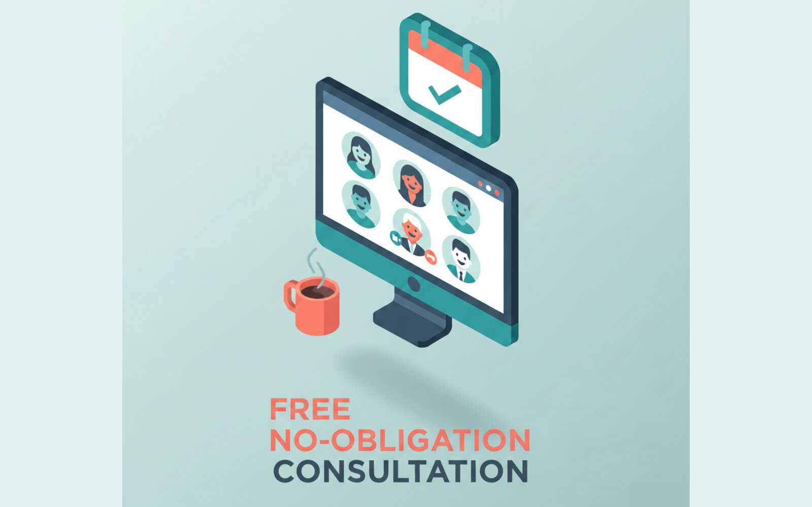 Abstract isometric illustration of a friendly video consultation meeting to discuss AI strategy needs