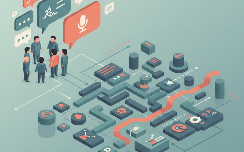 Abstract isometric illustration of stakeholder interviews with speech bubbles and workflow mapping
