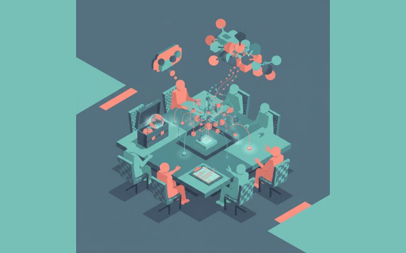 Abstract isometric illustration of collaborative discovery meeting with briefcase, clipboard, and connected nodes