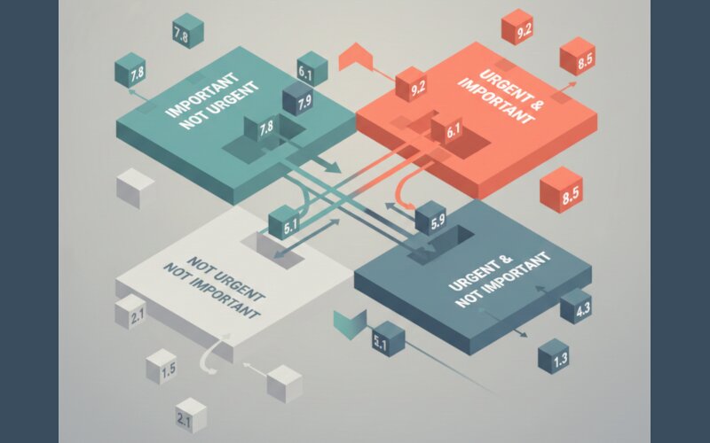 Abstract isometric illustration of prioritisation matrix with items being scored and sorted