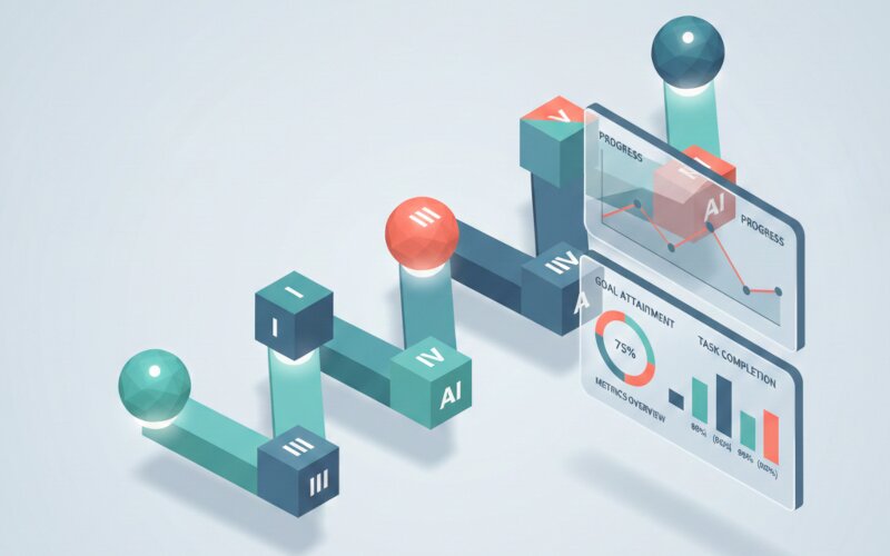 Abstract isometric illustration of timeline with milestones and metrics dashboard
