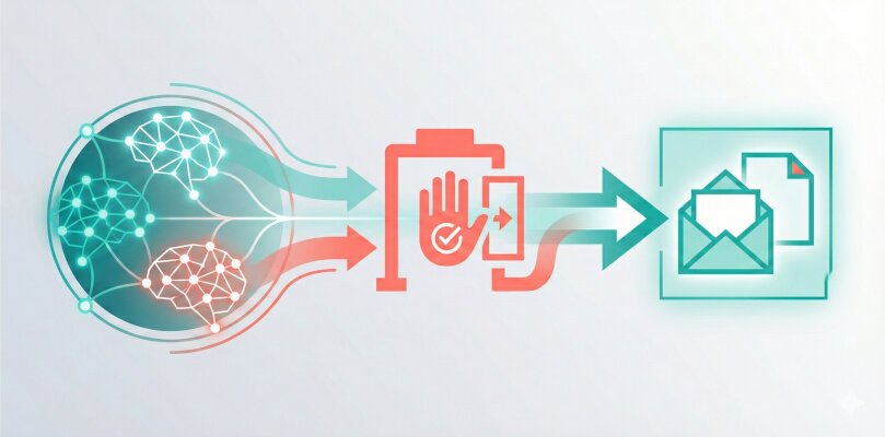 Illustration showing human-in-the-loop workflow with AI drafting and human approval