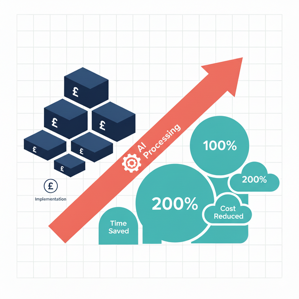 Conceptual diagram illustrating AI investment returns: Initial investment and implementation costs on left transform through AI processing into growing returns showing time savings and cost reduction with increasing ROI percentages